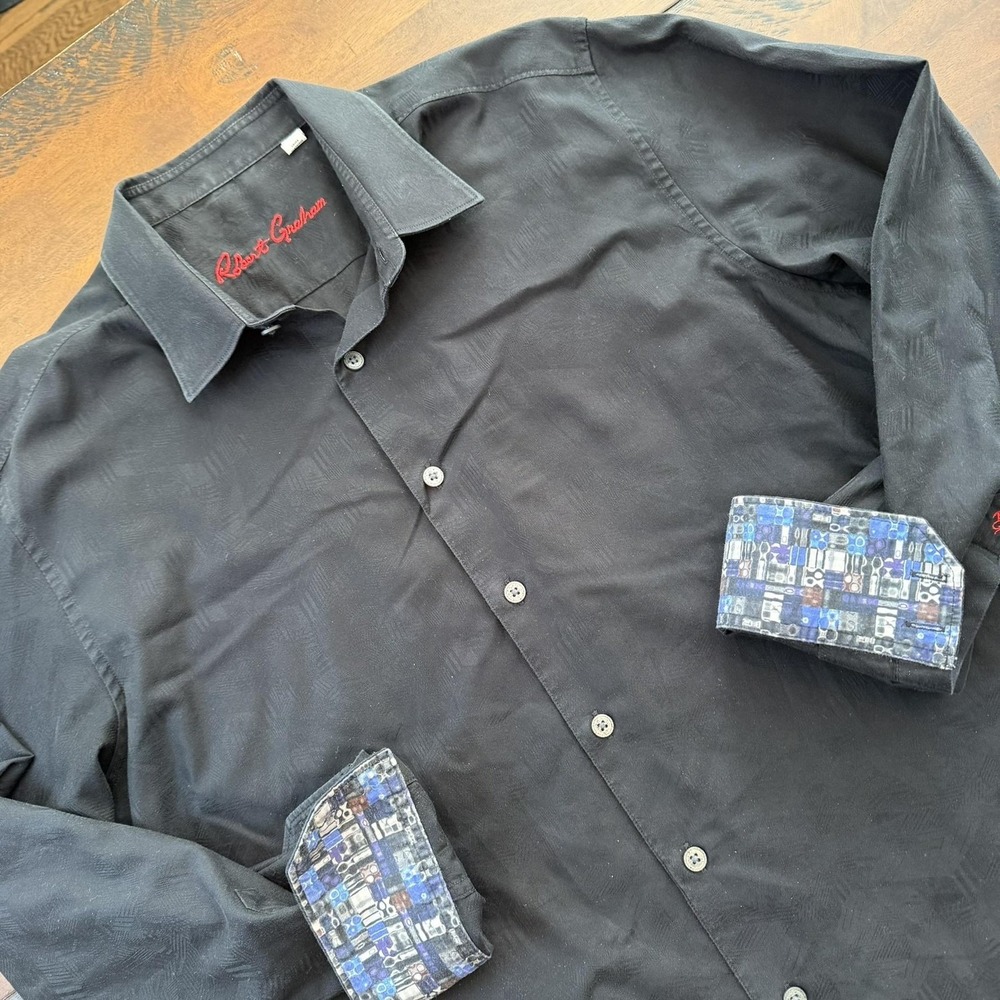 Robert Graham Shirt Mens XL Black Contrast‎ Cuff Button Front Long Sleeve